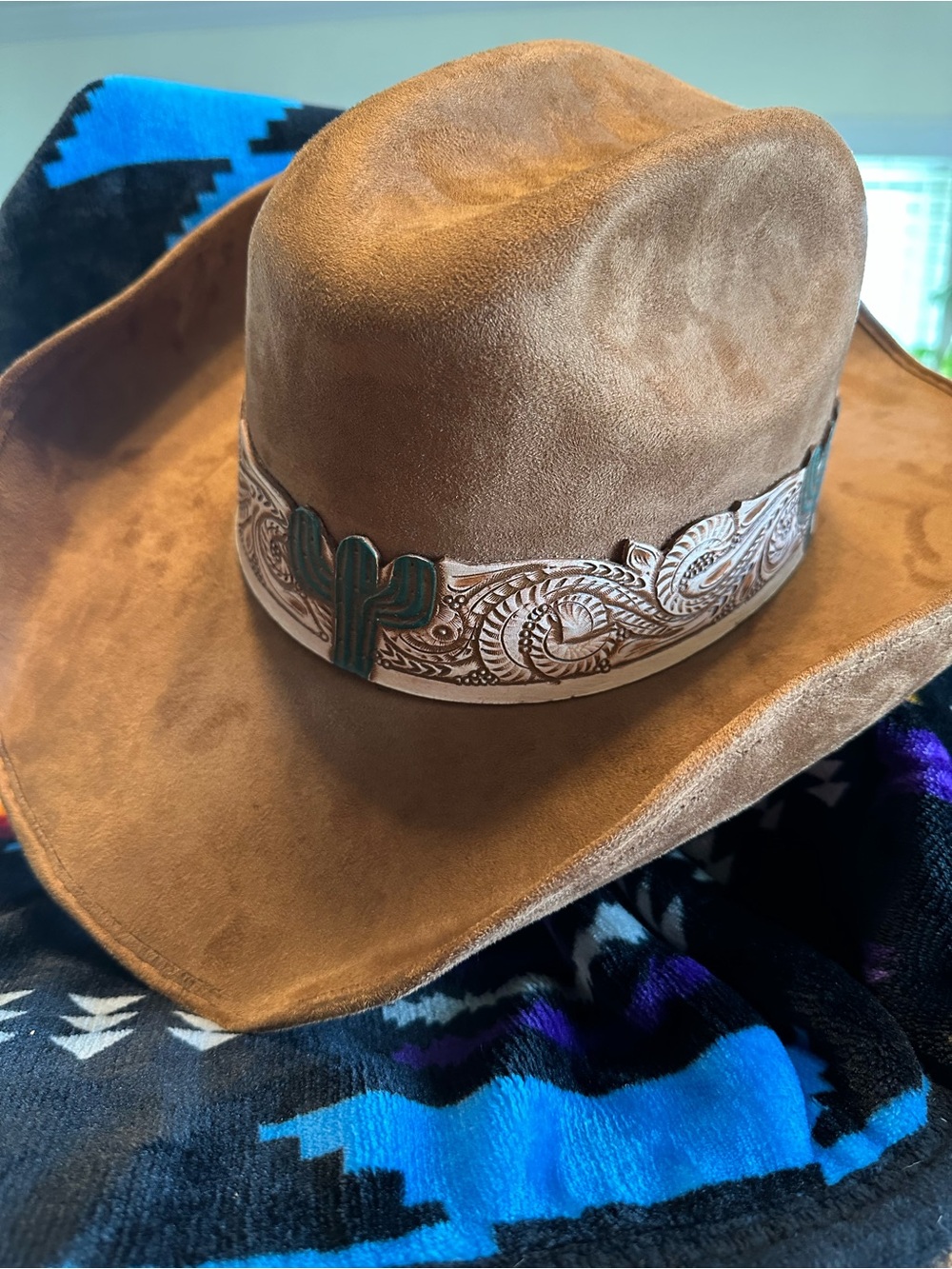 Chida Frida Brown Suede Western Hat with Tooled Leather Cactus Band